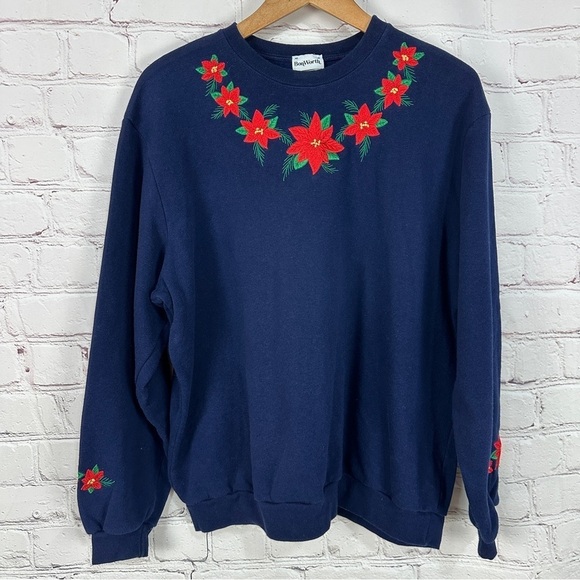 Vintage Womens Sweater Medium Christmas Holiday Crewneck Ugly Party Poinsettia - Picture 2 of 7